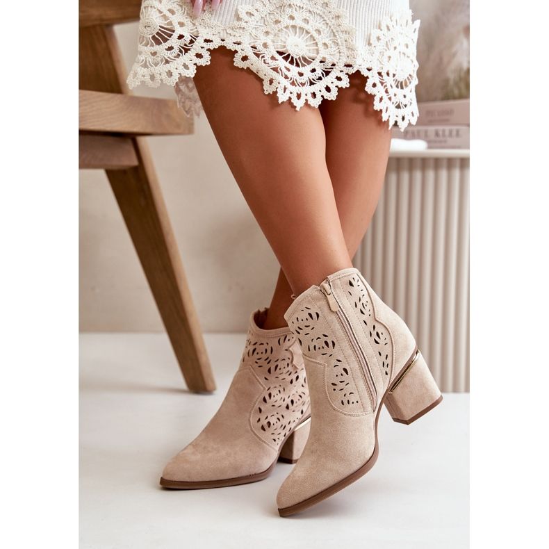 Openwork Cowboy Boots With A Zipper On A Heel Light Beige Vosilara 4