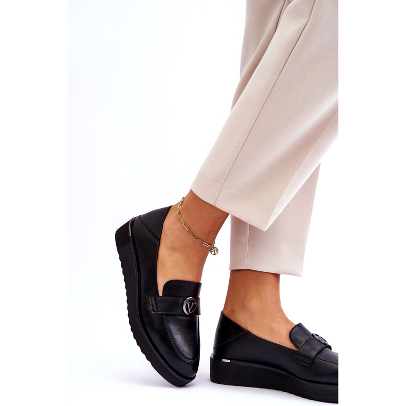 Women's Vinceza Leather Moccasins With a Low Wedge, Black 1