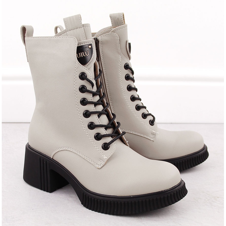 Women's leather ankle boots on a block, beige, Vinceza 66671 2 Women's leather ankle boots on a block, beige, Vinceza 66671 2