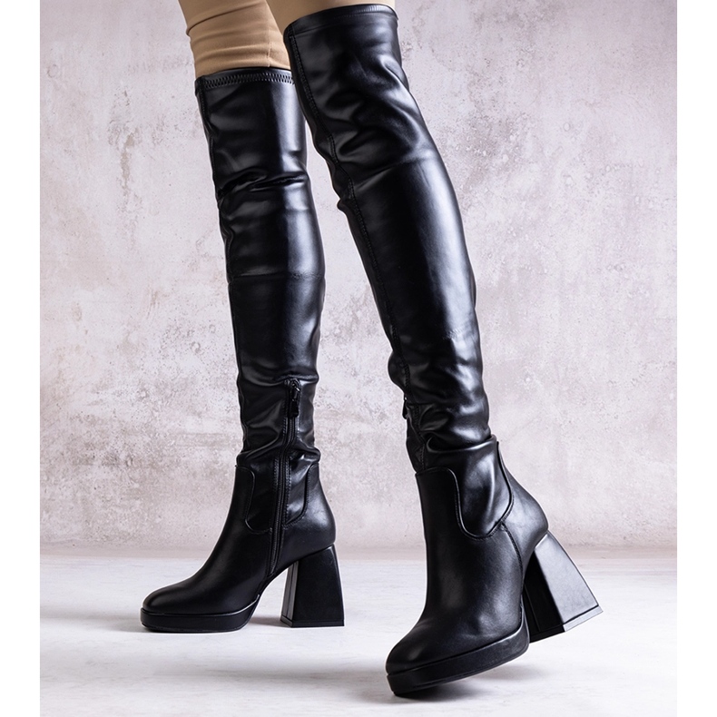 Long boots with a block heel made of eco-leather Lamis black 1