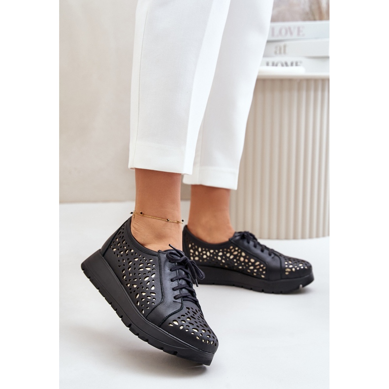 Zazoo 2973 Leather Platform Shoes With Openwork Pattern Black 2