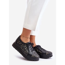 Zazoo 2973 Leather Platform Shoes With Openwork Pattern Black 1