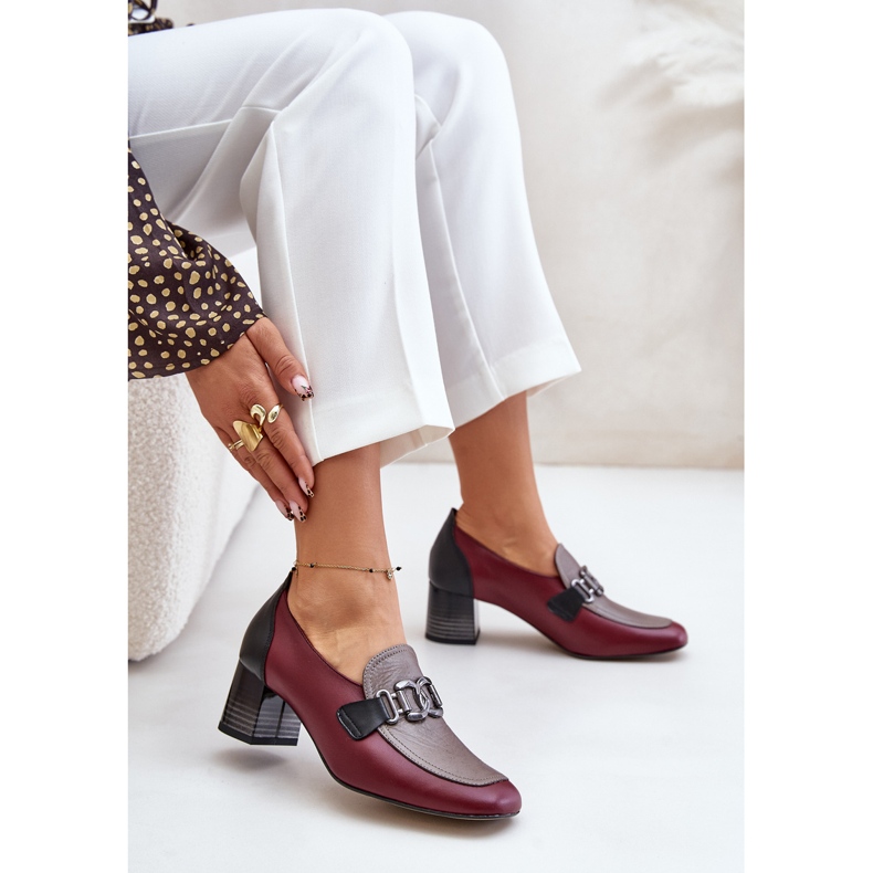 Laura Messi 2861 Burgundy Leather Pumps With Gold Decoration On A Block Heel red 2 Laura Messi 2861 Burgundy Leather Pumps With Gold Decoration On A Block Heel red 2