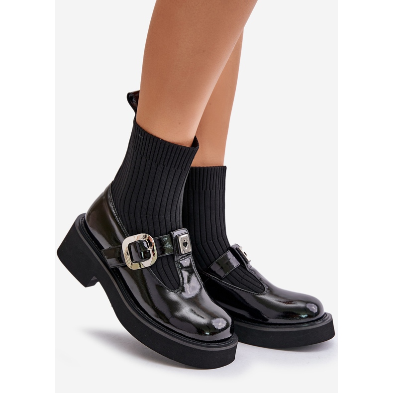 S.Barski Patent Leather Ankle Boots With Sock And Buckle Slip-On MR880-076 Black 1