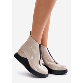 S.Barski Patent Leather Wedge Ankle Boots Insulated D&amp;A MR880-136 Beige 1