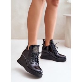 Women's Patent Leather Ankle Boots Insulated Wedges Vinceza 66706 Black 2