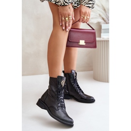 Zazoo 2955 Patent Leather Work Boots With Gold Tongue Detail Black 2