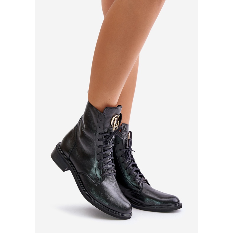 Zazoo 2955 Patent Leather Work Boots With Gold Tongue Detail Black 1