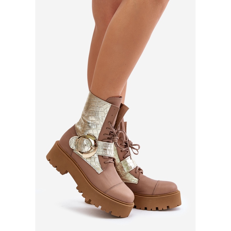 Zazoo 2942 Leather Work Boots With Gold Buckle Beige 1