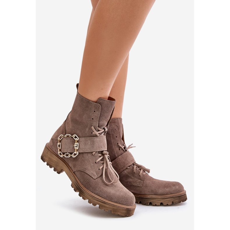 Zazoo 2951 Suede Ankle Boots With Decorative Buckle Dark Beige 1