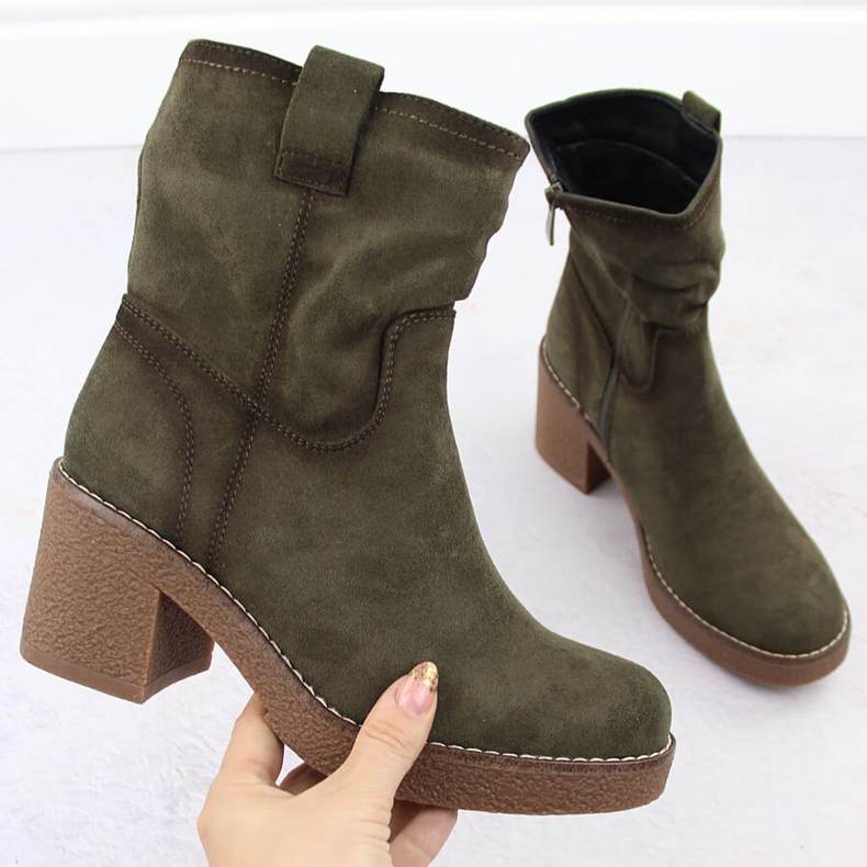 Women's suede ankle boots on a heel, green Potocki 51302 1