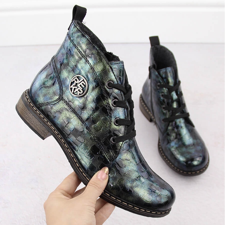Women's patent leather ankle boots crocodile green Rieker 71205-90 1 Women's patent leather ankle boots crocodile green Rieker 71205-90 1
