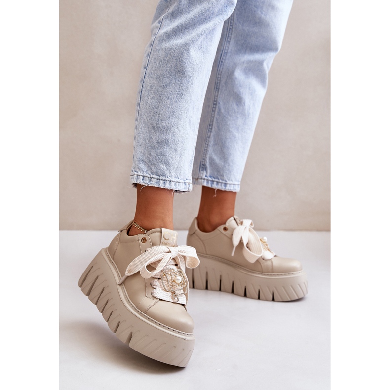 Women's Sneakers On A Massive Sole With Gold Decoration CheBello 4530 Beige 2