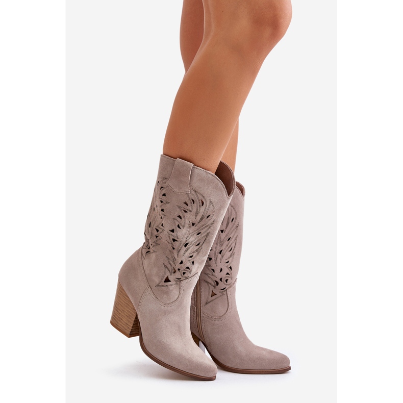 Openwork Mid-Calf Boots With Stiletto Heel Suede Lewski 3609 Cappucino beige 1