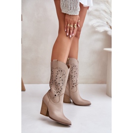 Openwork Mid-Calf Boots with Heel, Leather, Lewski 3609, Beige 2