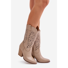 Openwork Mid-Calf Boots with Heel, Leather, Lewski 3609, Beige 1