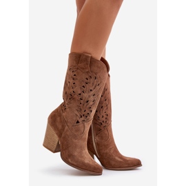 Openwork Mid-Calf Boots with Stiletto Heel Suede Lewski 3609 Brown 1