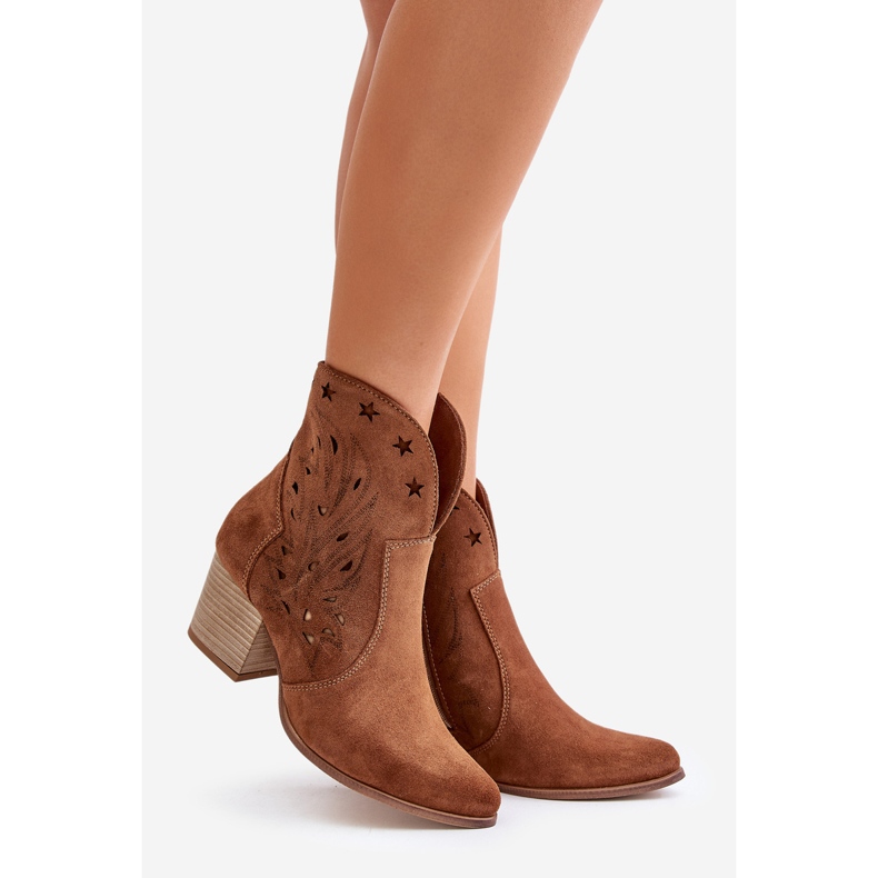 Openwork Suede Cowboy Boots On A Heel Lewski 3613 Brown 1