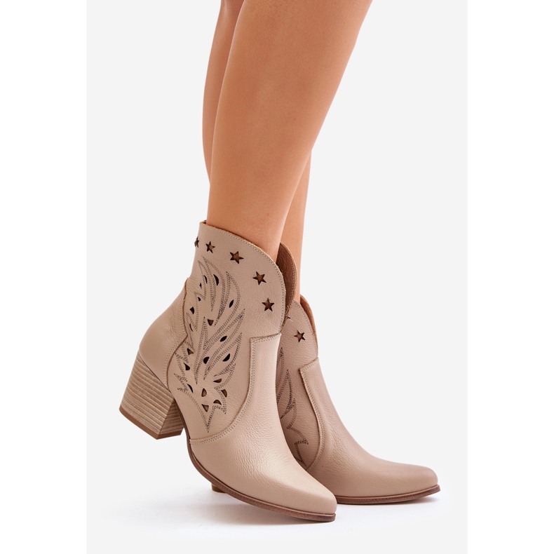 Openwork Leather Cowboy Boots On A Heel Lewski 3613 Beige 1