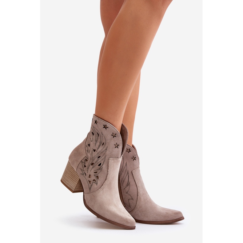 Openwork Suede Cowboy Boots On A Heel Lewski 3613 Cappucino beige 1
