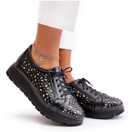 Zazoo 2973 Leather Platform Shoes With Openwork Pattern Black 8