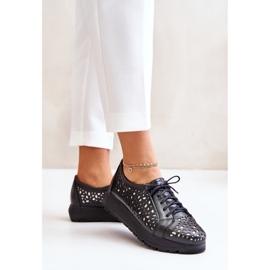 Zazoo 2973 Leather Platform Shoes With Openwork Pattern Black 3