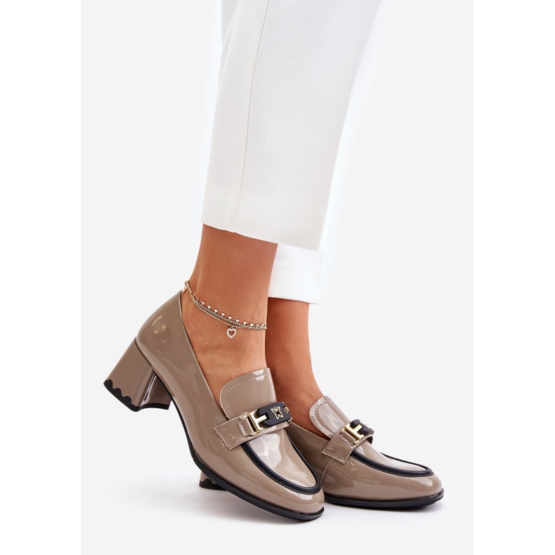 Patent Leather Women's Heeled Low Shoes With Decoration Artiker 55C1054 Beige 1