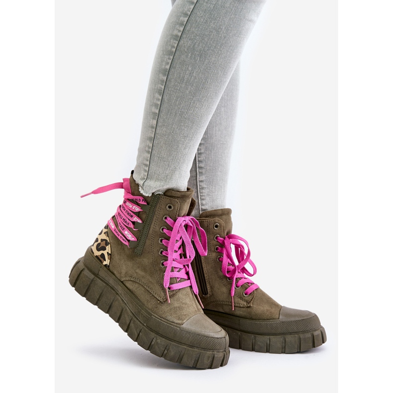 Women's Ankle Boots On The Platform With Decorative Lace-Up Leopard Green Edidda 1