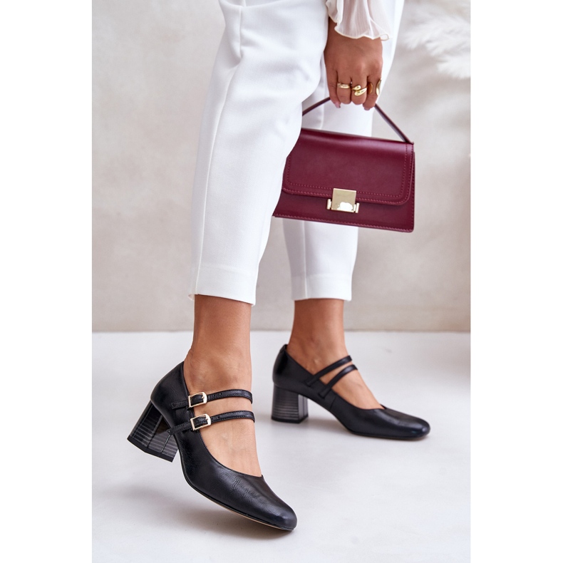 Laura Messi 2857 Black Leather Pumps With Straps On The Block 2