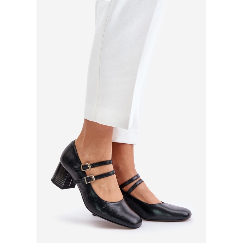 Laura Messi 2857 Black Leather Pumps With Straps On The Block 1