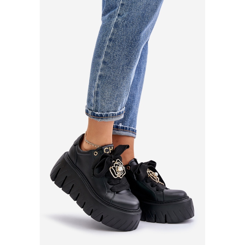 Women's Sneakers On A Massive Sole With Gold Decoration CheBello 4530 Black 1