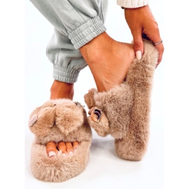 Fur slippers with bow and bear Burano Khaki beige 1