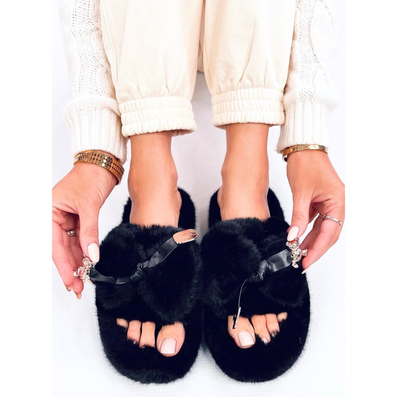 Fur slippers with bow and bear Burano Black 1 Fur slippers with bow and bear Burano Black 1