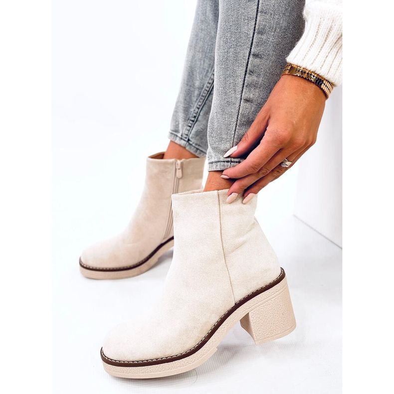 Suede ankle boots with wide heels Eliza Beige 1