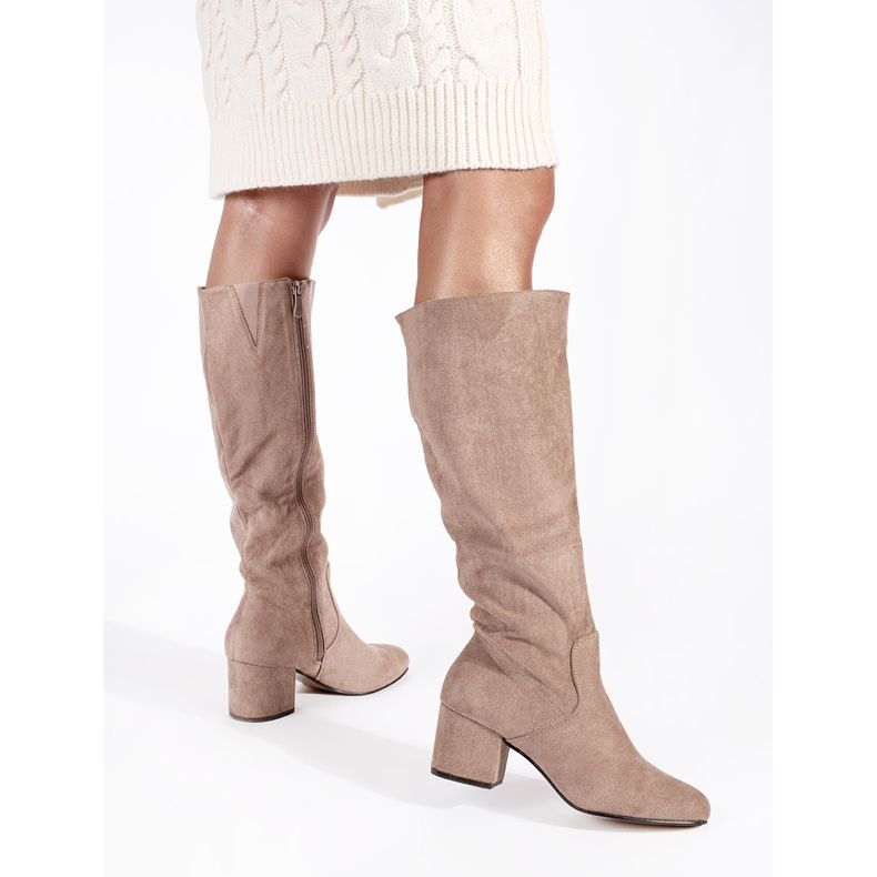 Beige suede women's boots with a heel 1