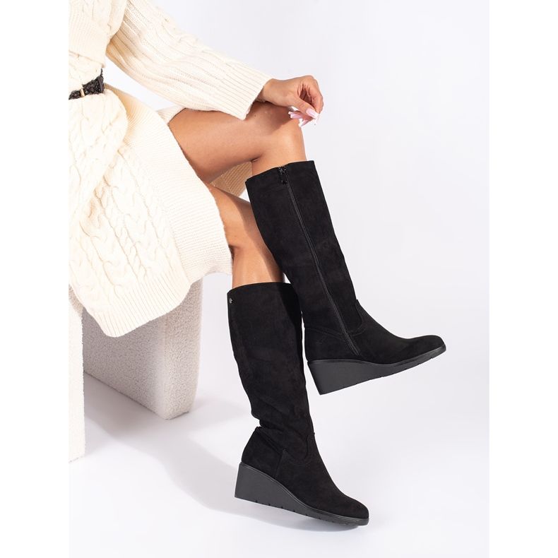 Black suede women's wedge boots 1