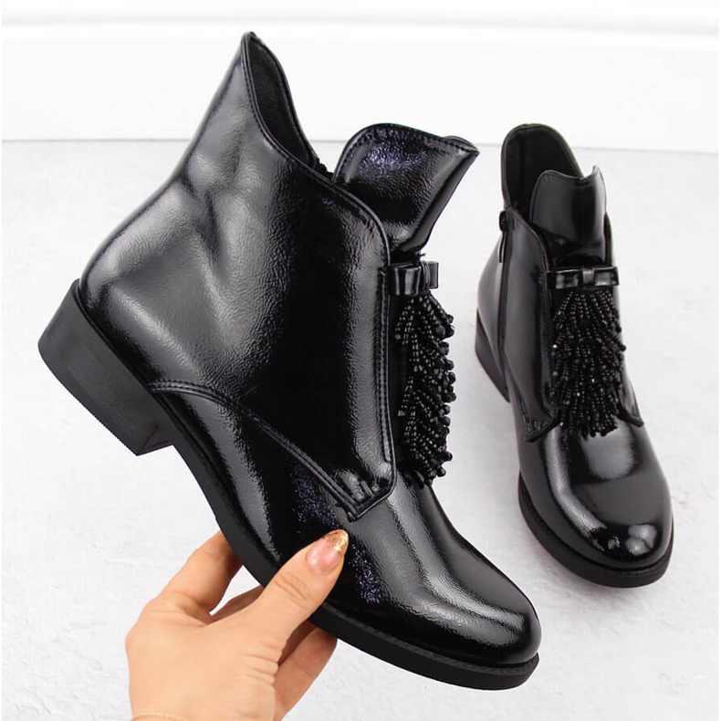 Women's patent leather ankle boots with beads, black S.Barski 1 Women's patent leather ankle boots with beads, black S.Barski 1