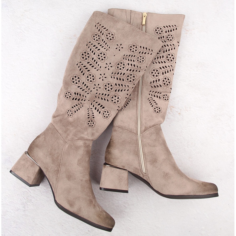 Women's suede insulated openwork boots khaki Potocki 12506 beige 1