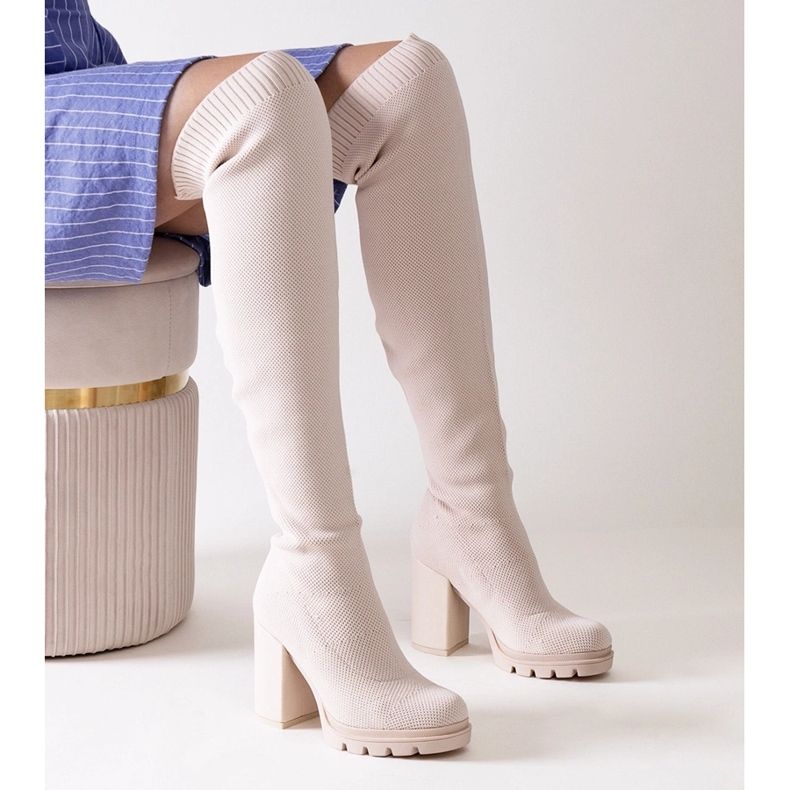 Lija long, beige high-heeled slip-on boots 1