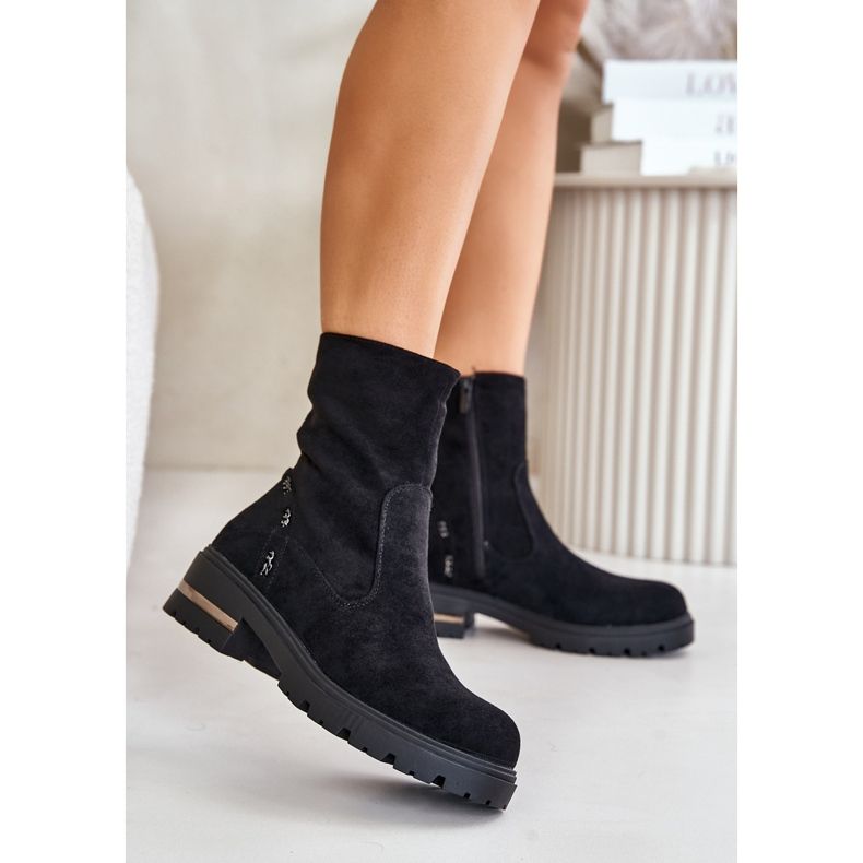 Insulated women's ankle boots made of eco-suede with a zipper, Black Narilie 2