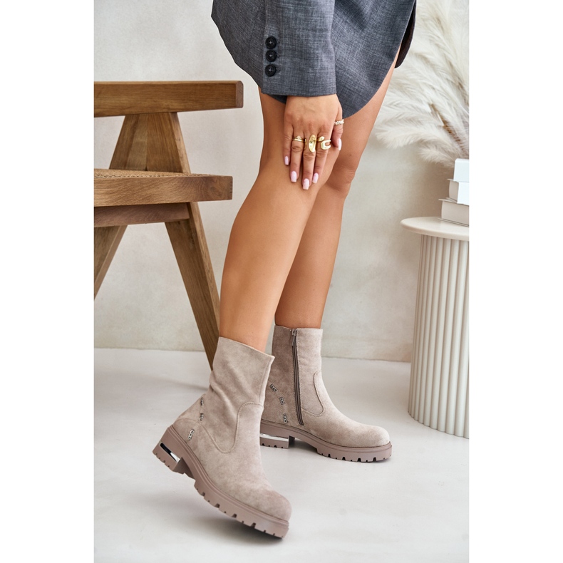 Insulated women's ankle boots made of eco-suede with a zipper, Beige Narilie 2