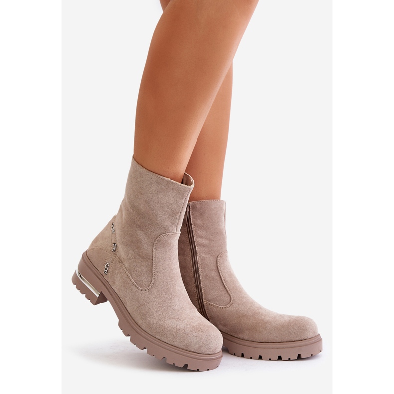 Insulated women's ankle boots made of eco-suede with a zipper, Beige Narilie 1