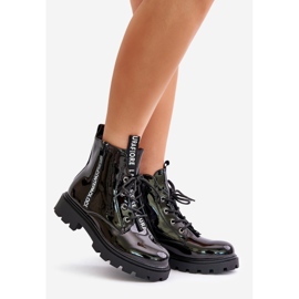 Women's Patent Worker Boots, Insulated, With Inscriptions, Black, Zinfrey 1