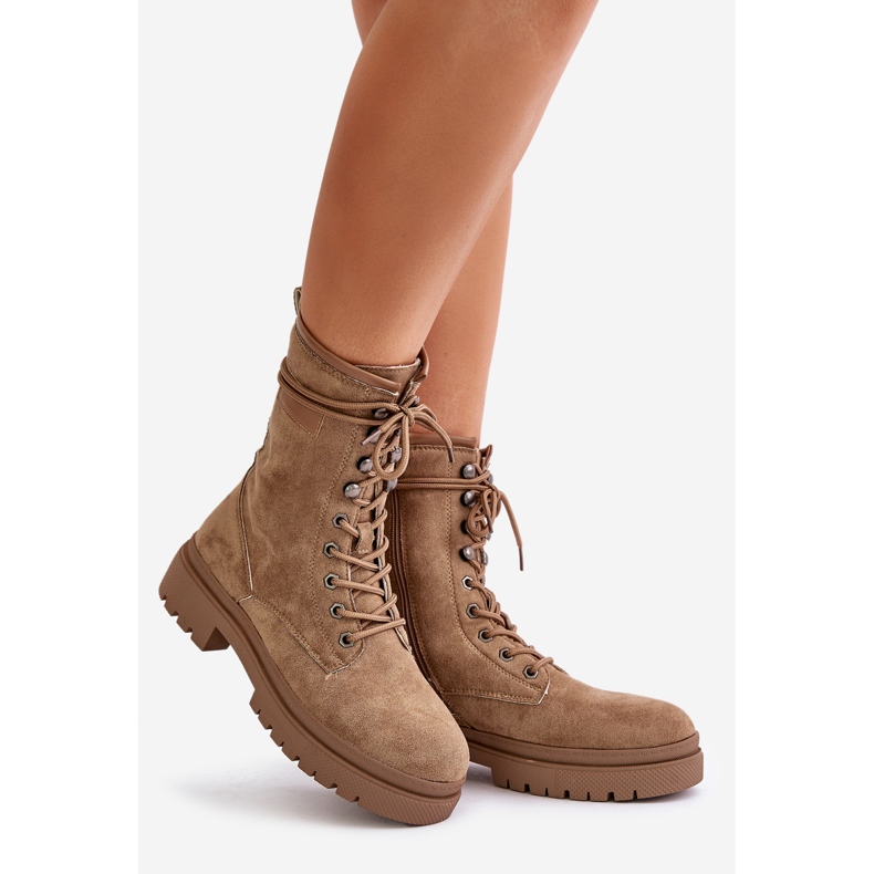 Women's Worker Boots With Zipper Made of Eco Suede, Dark Beige Savalann 1