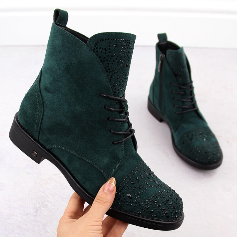 Women's ankle boots with zircons, green Potocki SZ12178 1