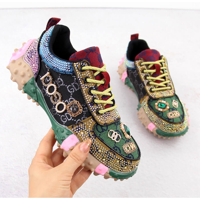 Women's shoes richly decorated with zircons Potocki 16324 green 1