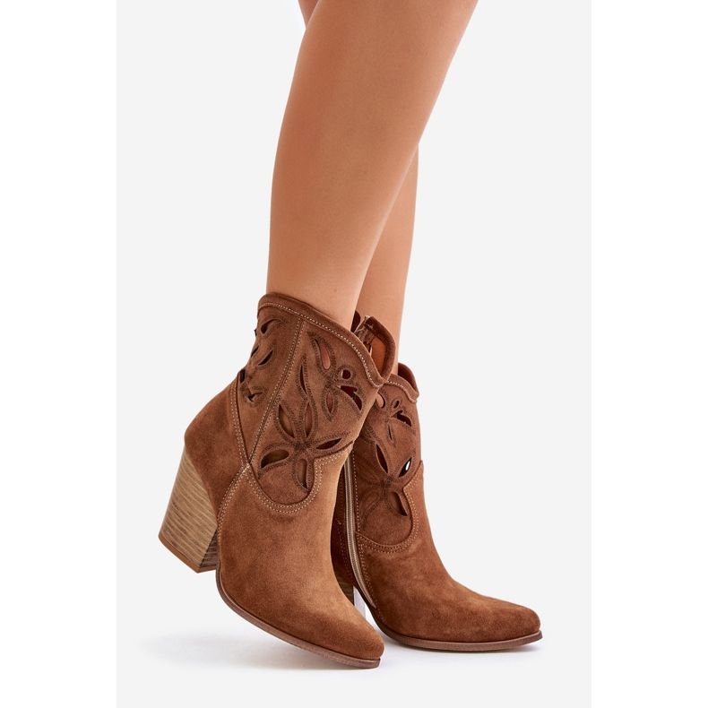 Lewski Shoes Suede Cowboy Boots With Openwork Pattern Lewski 3612 Brown beige 1