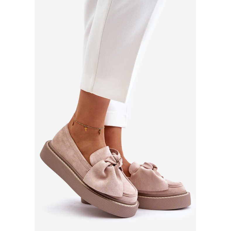 Women's Moccasins On A Platform With A Bow, Powder Pink Naivine 1