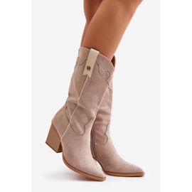 Insulated Cowboy Boots On High Heel Eco Suede Beige Hanivin 1