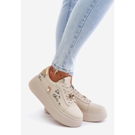 Women's Leather Sneakers on the Platform With Pins and the Vinceza Inscription 89102 Beige 1